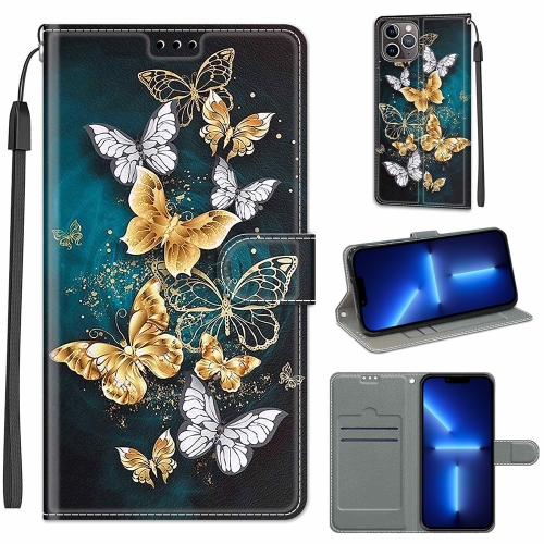 

Voltage Colored Drawing Magnetic Clasp Horizontal Flip PU Leather Case with Holder & Card Slots For iPhone 13 Pro(C20 Gold Silver Flying Butterflies)