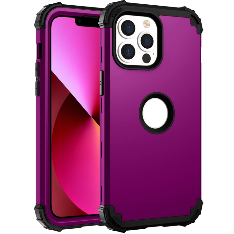 

3 in 1 Shockproof PC + Silicone Protective Case For iPhone 13(Dark Purple + Black)