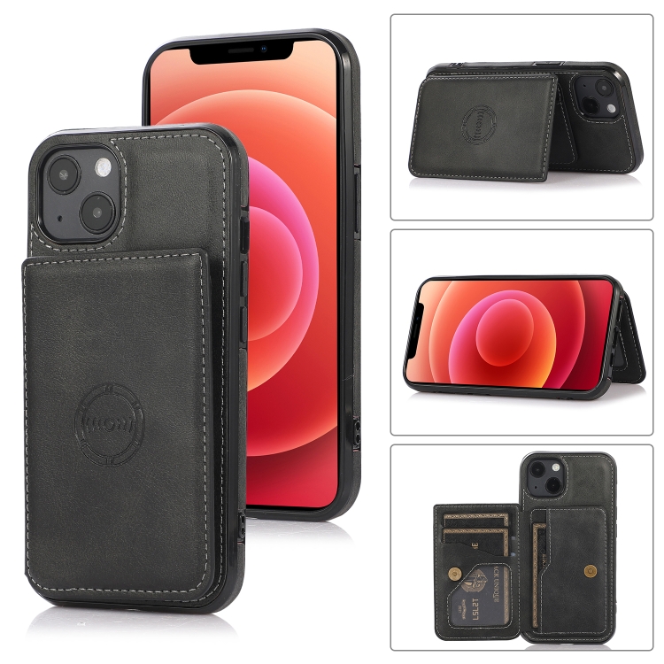 

Calf Texture Magnetic Card Bag PU Shockproof Case with Holder & Card Slot For iPhone 13(Black)