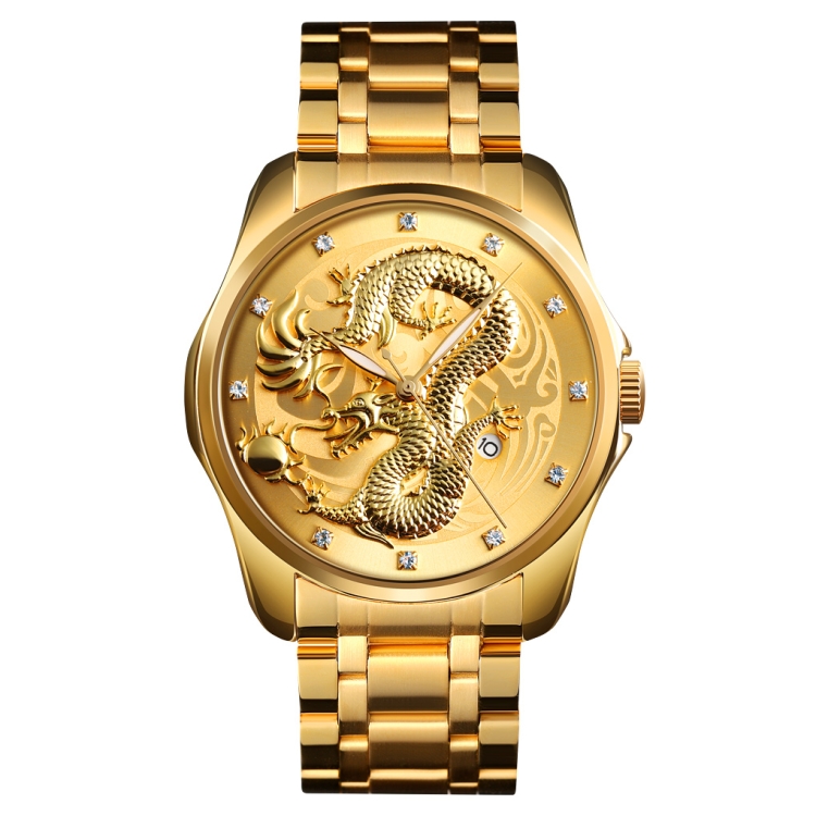 Skmei 9193 Men Golden Dragon Pattern Calendar Dial Luminous Quartz