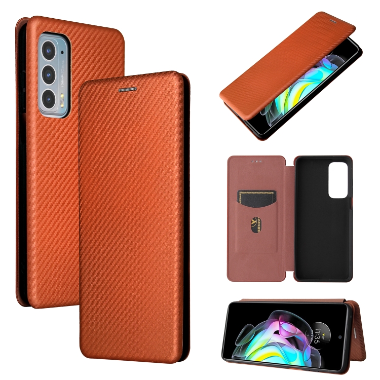 

For Motorola Edge 20 Carbon Fiber Texture Magnetic Horizontal Flip TPU + PC + PU Leather Case with Card Slot(Brown)