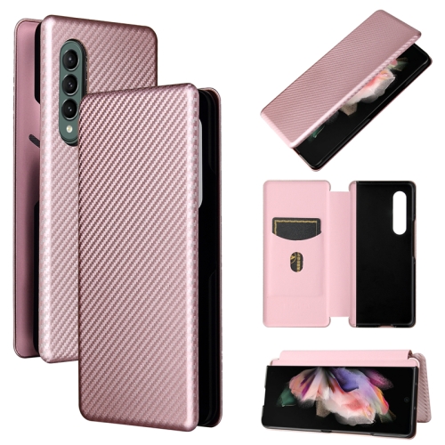 

For Samsung Galaxy Z Fold3 5G Carbon Fiber Texture Magnetic Horizontal Flip TPU + PC + PU Leather Case with Card Slot(Pink)