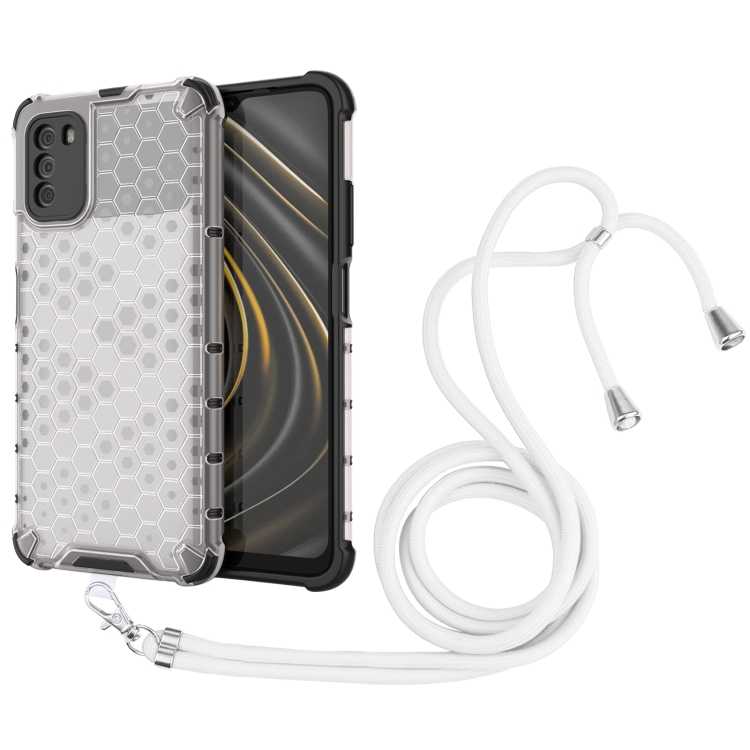 

For Xiaomi Poco M3 Shockproof Honeycomb PC + TPU Case with Neck Lanyard(White)