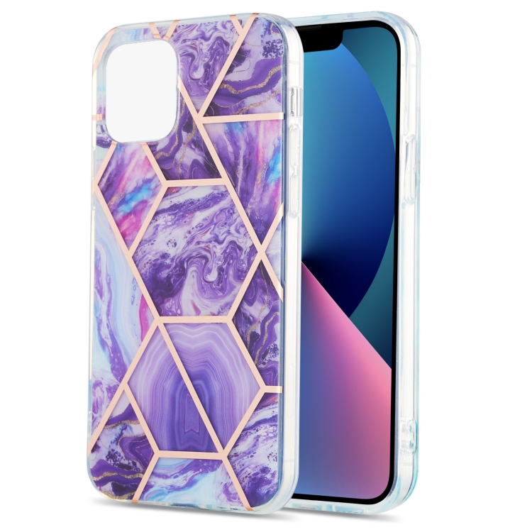 

Electroplating Splicing Marble Flower Pattern Dual-side IMD TPU Shockproof Case For iPhone 13 mini(Dark Purple)