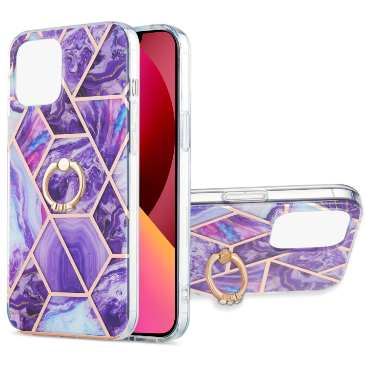 

Electroplating Splicing Marble Pattern Dual-side IMD TPU Shockproof Case with Ring Holder For iPhone 13(Dark Purple)