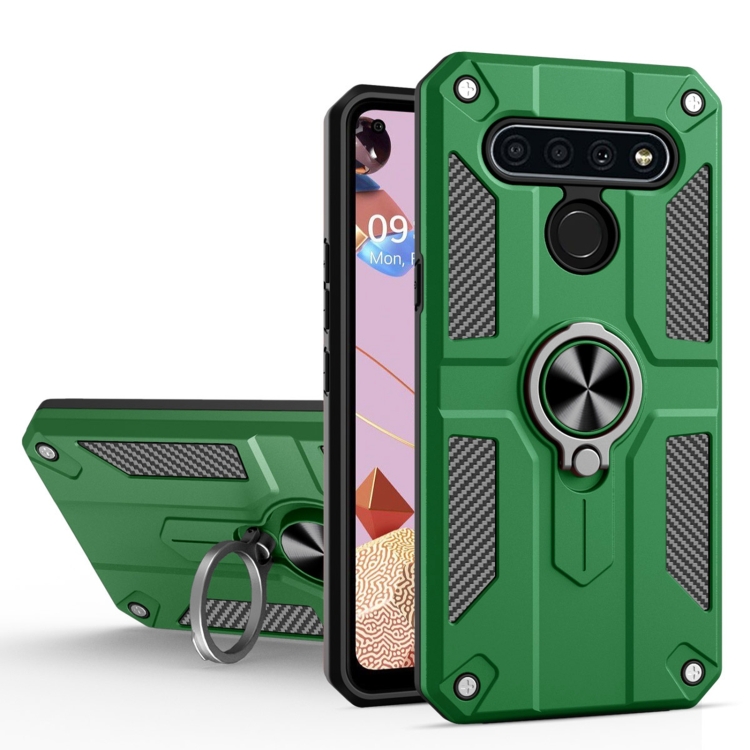 

For LG K51S Carbon Fiber Pattern PC + TPU Protective Case with Ring Holder(Green)