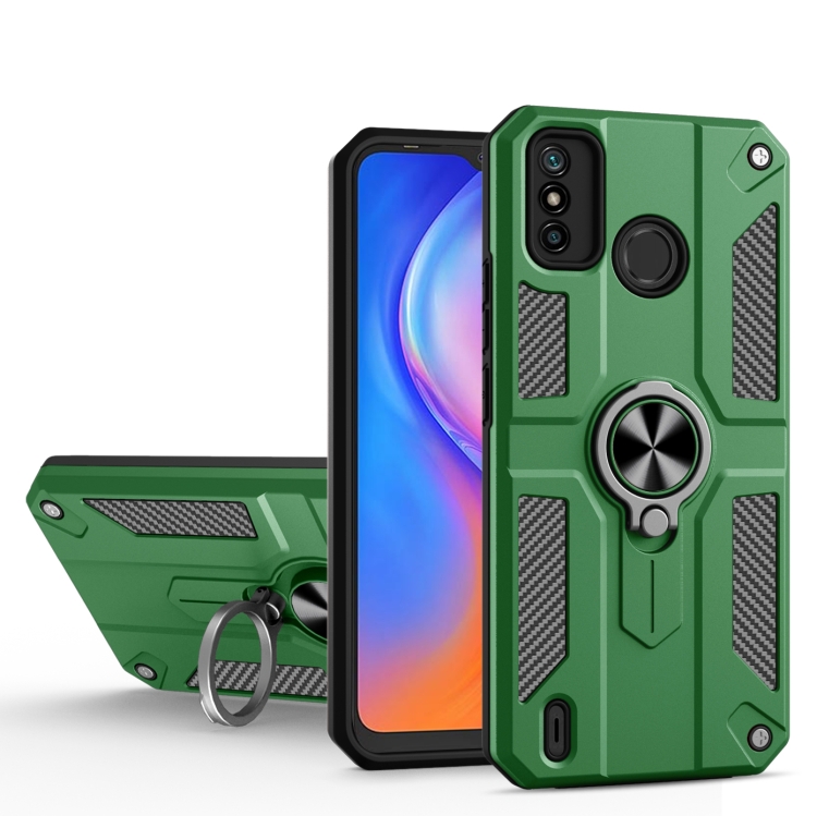 

For Tecno Spark 6 Go Carbon Fiber Pattern PC + TPU Protective Case with Ring Holder(Green)
