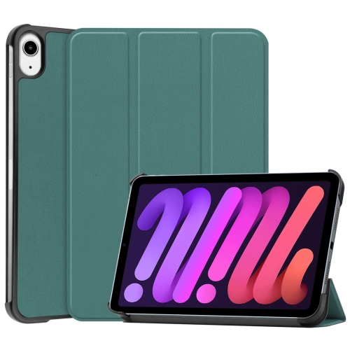 

For iPad mini 6 Custer Texture Horizontal Flip Leather Tablet Case with Three-folding Holder & Sleep / Wake-up Function(Dark Green)