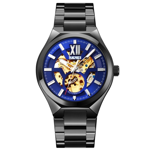 SKMEI 9258 Men Two-color Stainless Steel Strap Automatic Mechanical Watch(Black Shell Blue Surface)