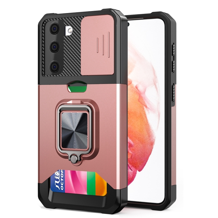 

For Samsung Galaxy S21+ Sliding Camera Cover Design PC + TPU Shockproof Case with Ring Holder & Card Slot(Rose Gold)