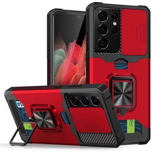 

For Samsung Galaxy S21 Ultra 5G Sliding Camera Cover Design PC + TPU Shockproof Case with Ring Holder & Card Slot(Red)