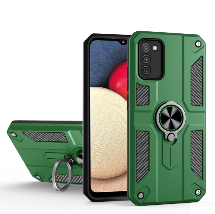 

For Samsung Galaxy A02s Carbon Fiber Pattern PC + TPU Protective Case with Ring Holder(Green)