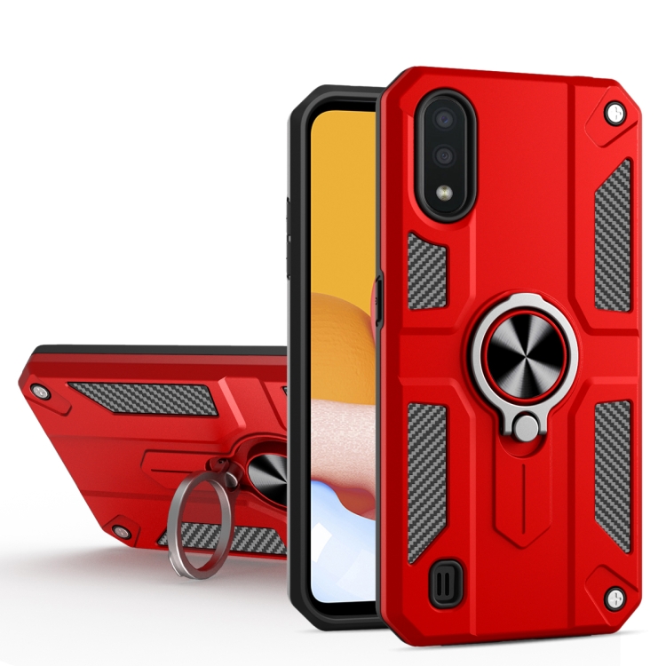

For Samsung Galaxy A10 Carbon Fiber Pattern PC + TPU Protective Case with Ring Holder(Red)