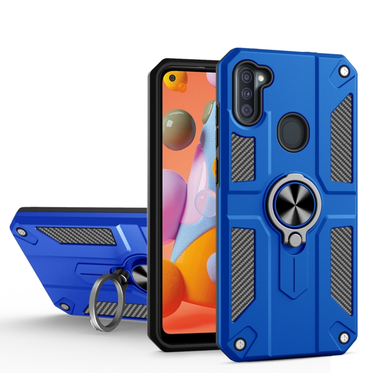 

For Samsung Galaxy A11 Carbon Fiber Pattern PC + TPU Protective Case with Ring Holder(Dark Blue)