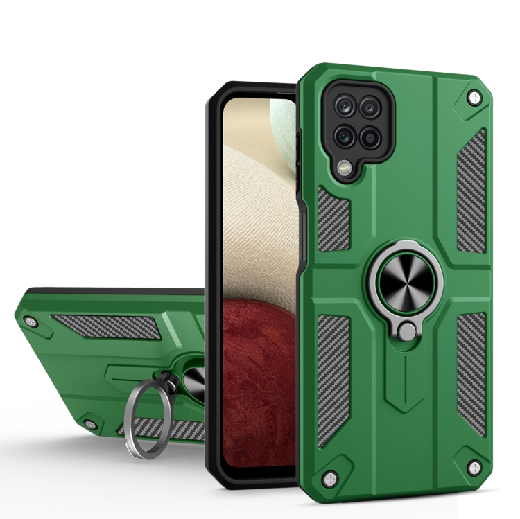 

For Samsung Galaxy A12 Carbon Fiber Pattern PC + TPU Protective Case with Ring Holder(Green)