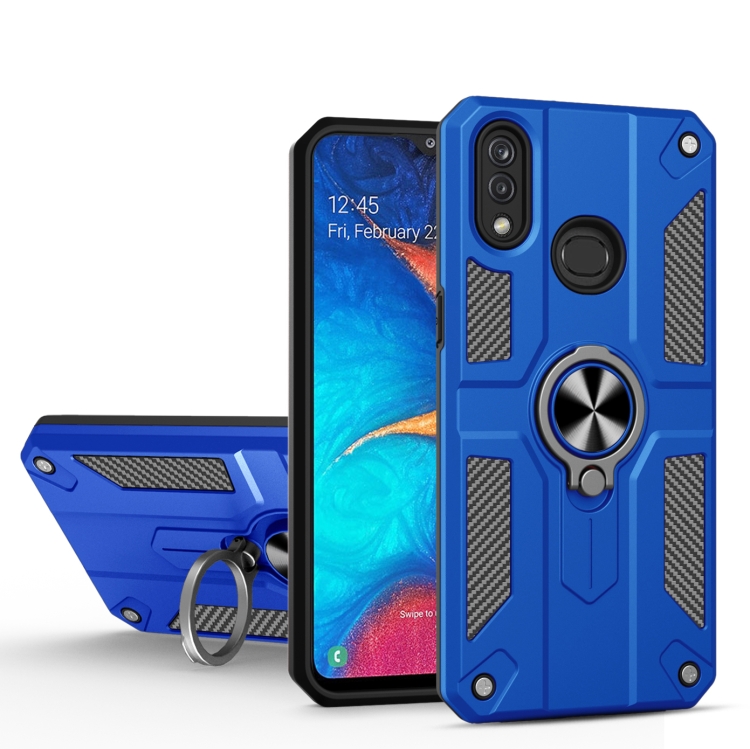 

For Samsung Galaxy A20 Carbon Fiber Pattern PC + TPU Protective Case with Ring Holder(Dark Blue)