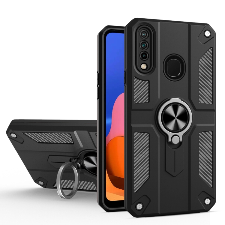 

For Samsung Galaxy A20s Carbon Fiber Pattern PC + TPU Protective Case with Ring Holder(Black)