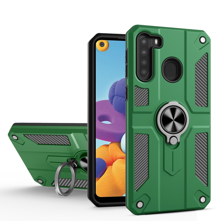 

For Samsung Galaxy A21 Carbon Fiber Pattern PC + TPU Protective Case with Ring Holder(Green)