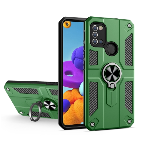 

For Samsung Galaxy A21s Carbon Fiber Pattern PC + TPU Protective Case with Ring Holder(Green)