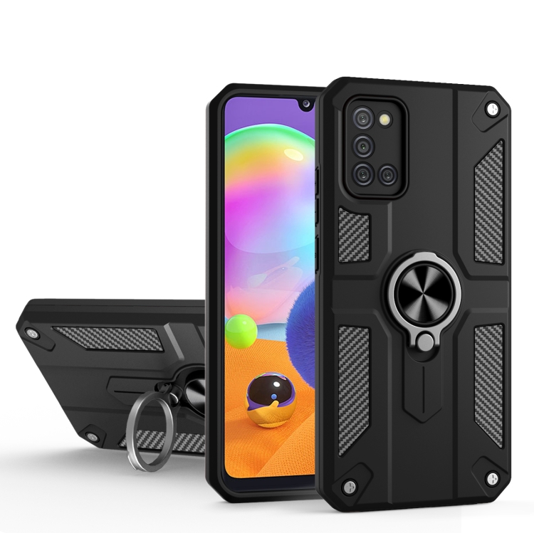 

For Samsung Galaxy A31 Carbon Fiber Pattern PC + TPU Protective Case with Ring Holder(Black)
