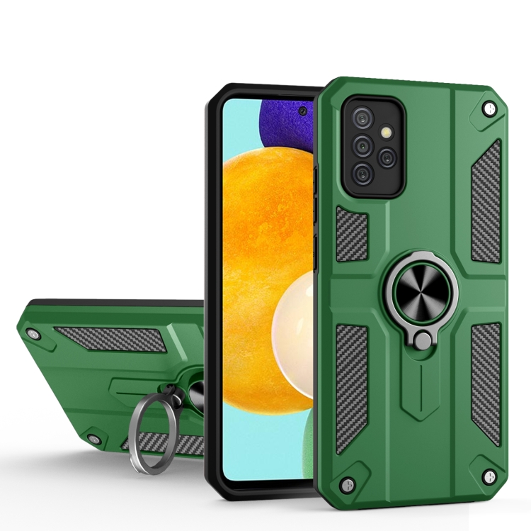 

For Samsung Galaxy A52 5G Carbon Fiber Pattern PC + TPU Protective Case with Ring Holder(Green)