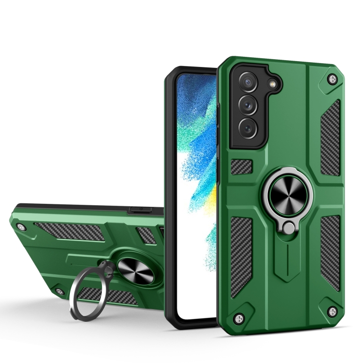 

For Samsung Galaxy S21 FE Carbon Fiber Pattern PC + TPU Protective Case with Ring Holder(Green)