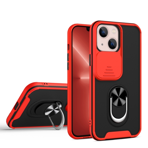 

Sliding Camera Cover Design TPU + PC Magnetic Shockproof Case with Ring Holder For iPhone 13 mini(Red)