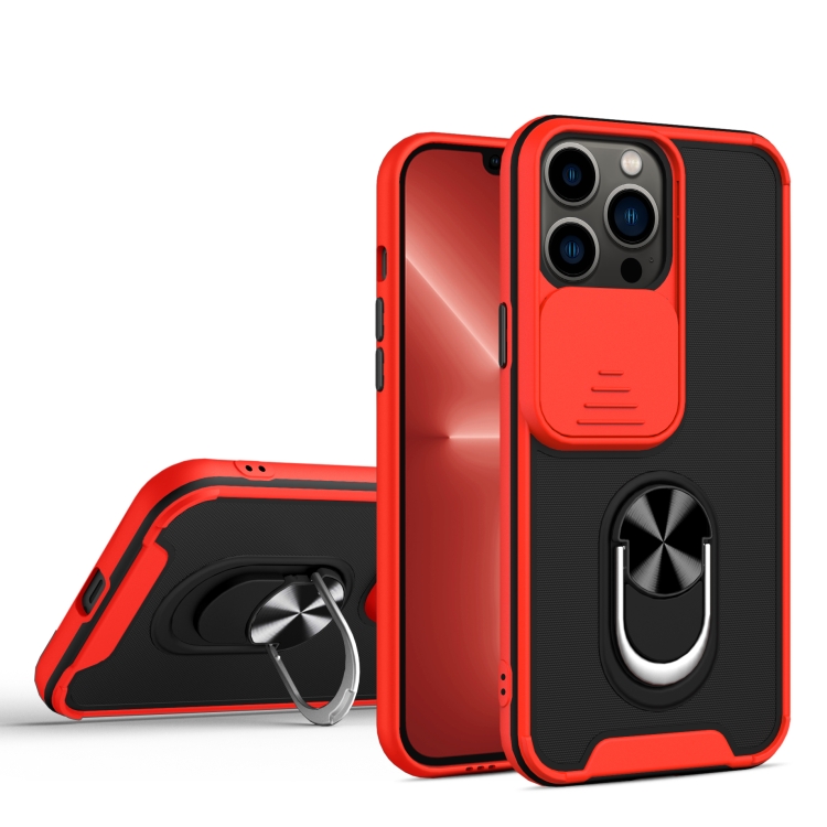 

Sliding Camera Cover Design TPU + PC Magnetic Shockproof Case with Ring Holder For iPhone 13 Pro(Red)