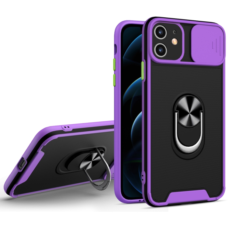 

Sliding Camera Cover Design TPU + PC Magnetic Shockproof Case with Ring Holder For iPhone 11(Purple)