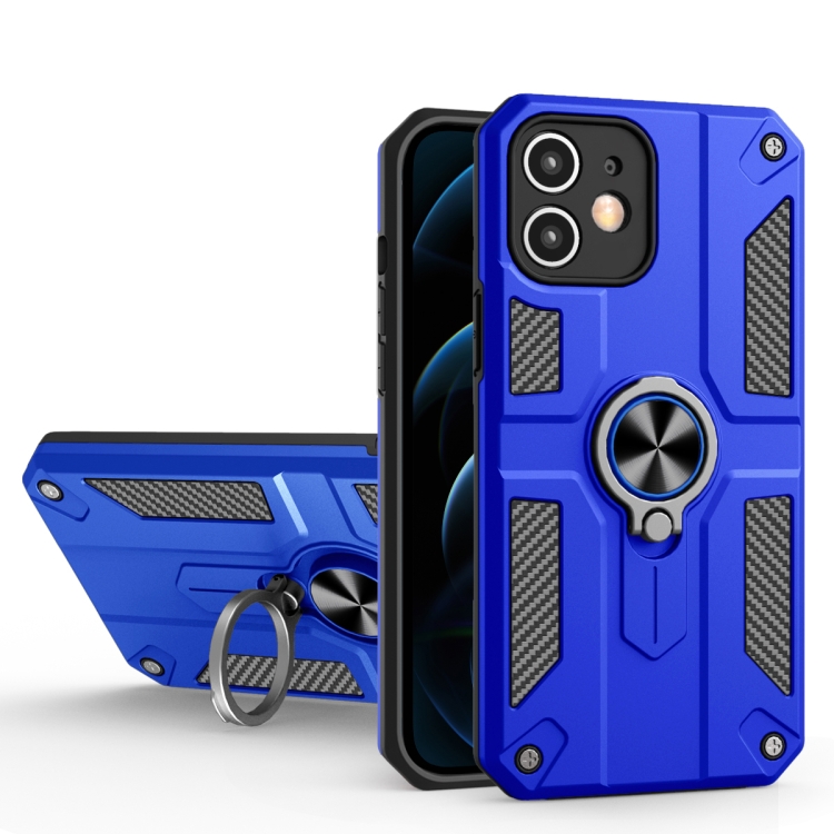 

Carbon Fiber Pattern PC + TPU Protective Case with Ring Holder For iPhone 12(Dark Blue)