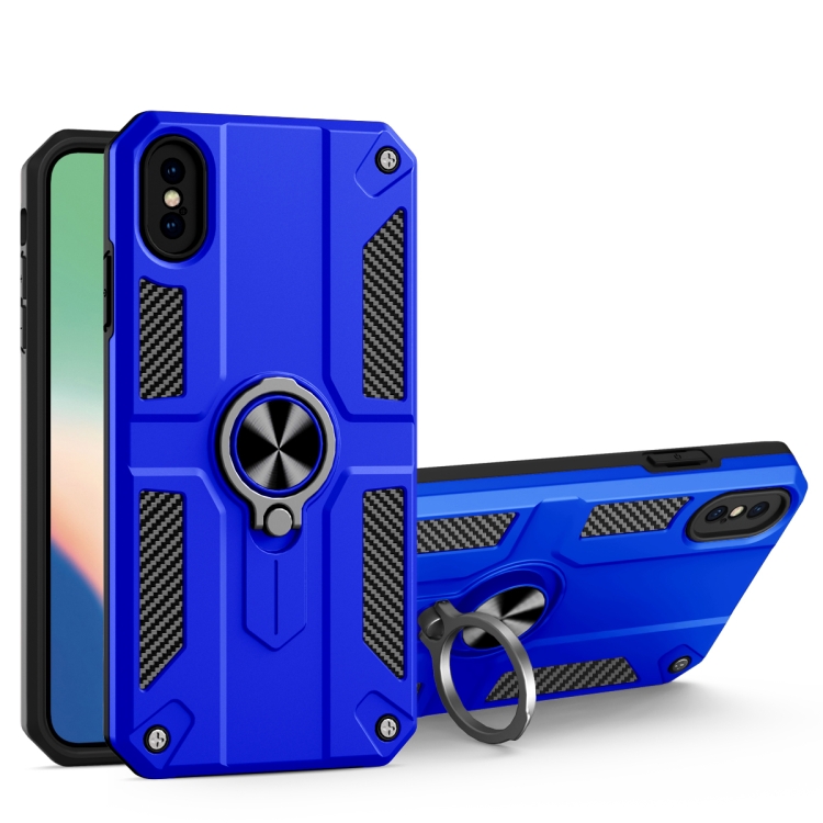 

Carbon Fiber Pattern PC + TPU Protective Case with Ring Holder For iPhone XS Max(Dark Blue)