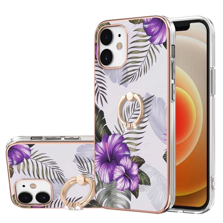 

Electroplating Pattern IMD TPU Shockproof Case with Rhinestone Ring Holder For iPhone 12(Purple Flower)