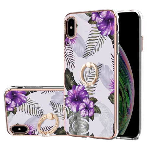 

Electroplating Pattern IMD TPU Shockproof Case with Rhinestone Ring Holder For iPhone XS Max(Purple Flower)