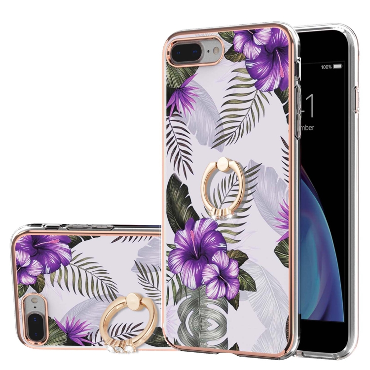 

Electroplating Pattern IMD TPU Shockproof Case with Rhinestone Ring Holder For iPhone 8 Plus / 7 Plus(Purple Flower)
