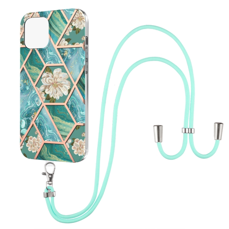 

Electroplating Splicing Marble Flower Pattern TPU Shockproof Case with Lanyard For iPhone 13(Blue Flower)