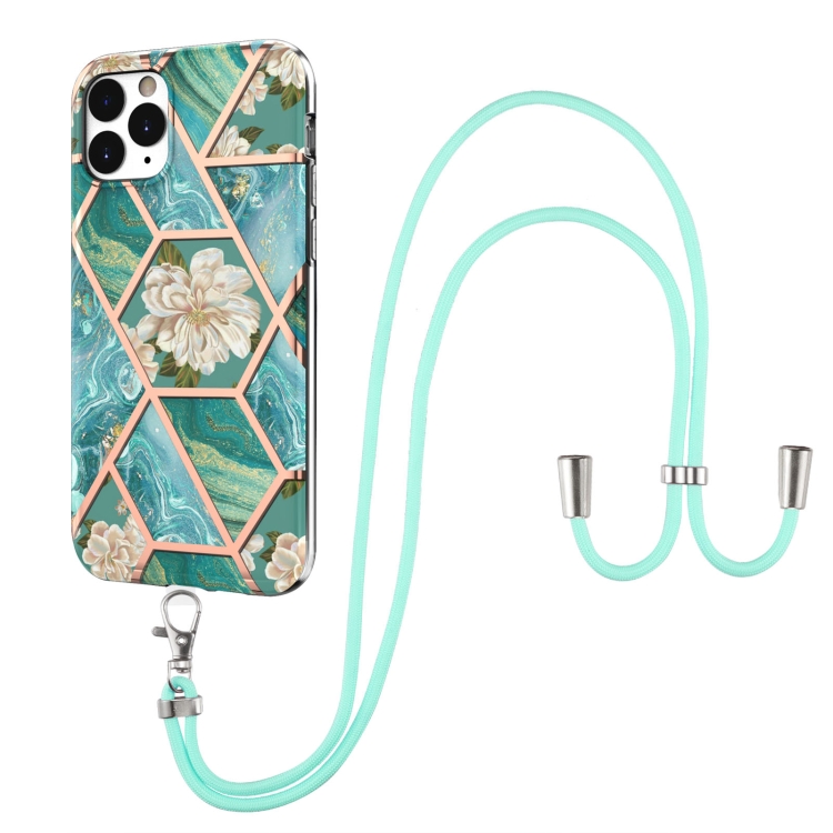 

Electroplating Splicing Marble Flower Pattern TPU Shockproof Case with Lanyard For iPhone 11 Pro(Blue Flower)