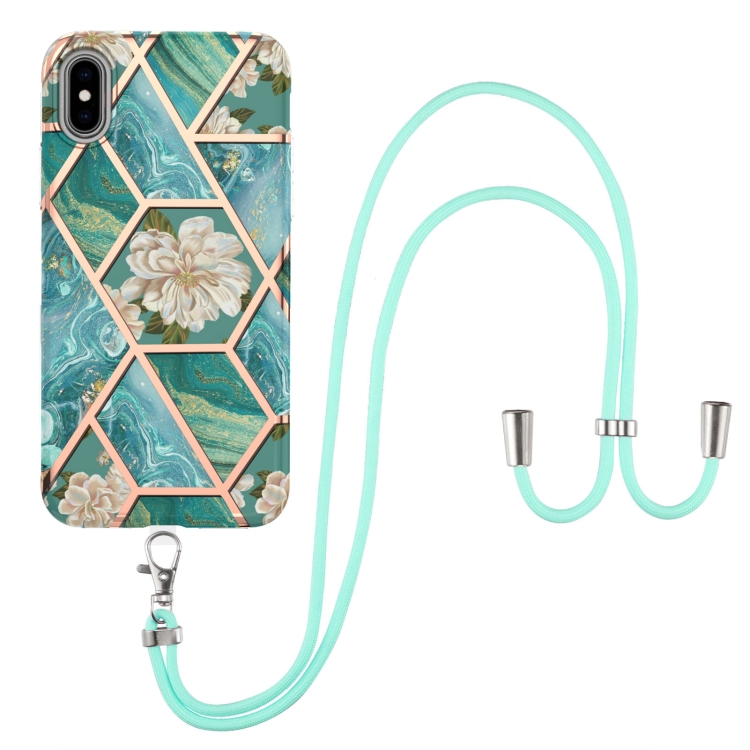 

Electroplating Splicing Marble Flower Pattern TPU Shockproof Case with Lanyard For iPhone XS / X(Blue Flower)