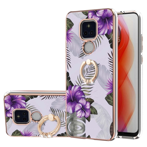 

For Motorola Moto G Play 2021 Electroplating Pattern IMD TPU Shockproof Case with Rhinestone Ring Holder(Purple Flower)