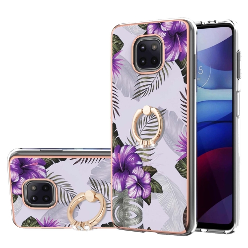 

For Motorola Moto G Power 2021 Electroplating Pattern IMD TPU Shockproof Case with Rhinestone Ring Holder(Purple Flower)