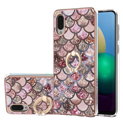 

For Samsung Galaxy A02/M02 Electroplating Pattern IMD TPU Shockproof Case with Rhinestone Ring Holder(Pink Scales)