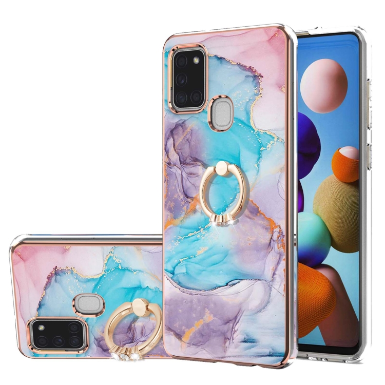 

For Samsung Galaxy A21s Electroplating Pattern IMD TPU Shockproof Case with Rhinestone Ring Holder(Milky Way Blue Marble)