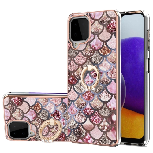 

For Samsung Galaxy A22 4G EU Version/M32 Global Version Electroplating Pattern IMD TPU Shockproof Case with Rhinestone Ring Holder(Pink Scales)