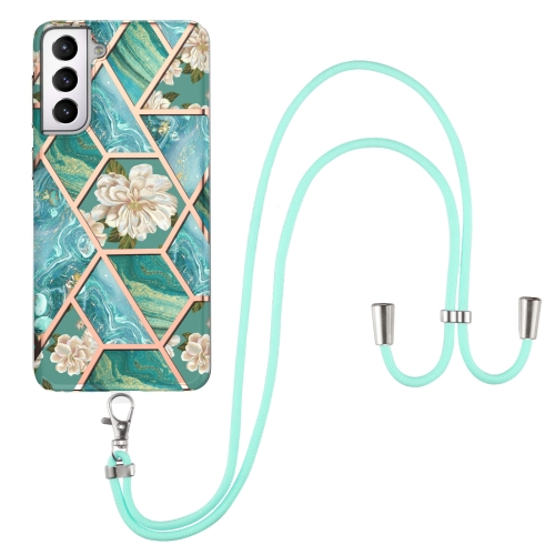 

For Samsung Galaxy S21 5G Electroplating Splicing Marble Flower Pattern TPU Shockproof Case with Lanyard(Blue Flower)