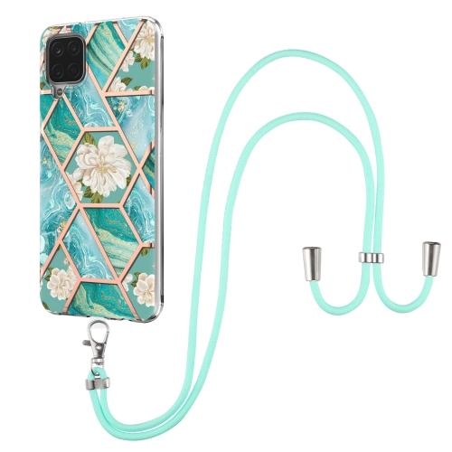 

For Samsung Galaxy A12 5G / M12 / F12 Electroplating Splicing Marble Flower Pattern TPU Shockproof Case with Lanyard(Blue Flower)