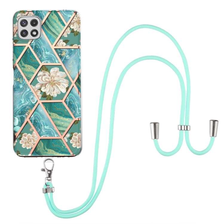 

For Samsung Galaxy A22 5G US Version Electroplating Splicing Marble Flower Pattern TPU Shockproof Case with Lanyard(Blue Flower)