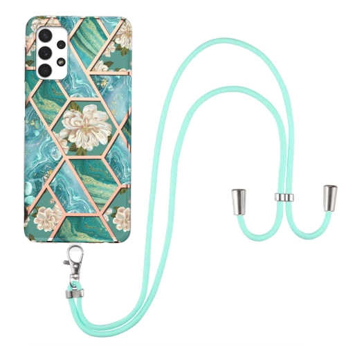 

For Samsung Galaxy A32 5G Electroplating Splicing Marble Flower Pattern TPU Shockproof Case with Lanyard(Blue Flower)