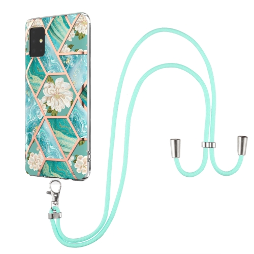 

For Samsung Galaxy A51 5G Electroplating Splicing Marble Flower Pattern TPU Shockproof Case with Lanyard(Blue Flower)