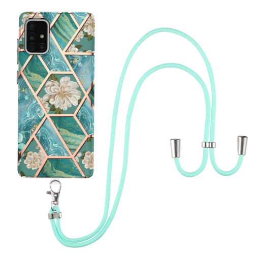 

For Samsung Galaxy A71 5G Electroplating Splicing Marble Flower Pattern TPU Shockproof Case with Lanyard(Blue Flower)