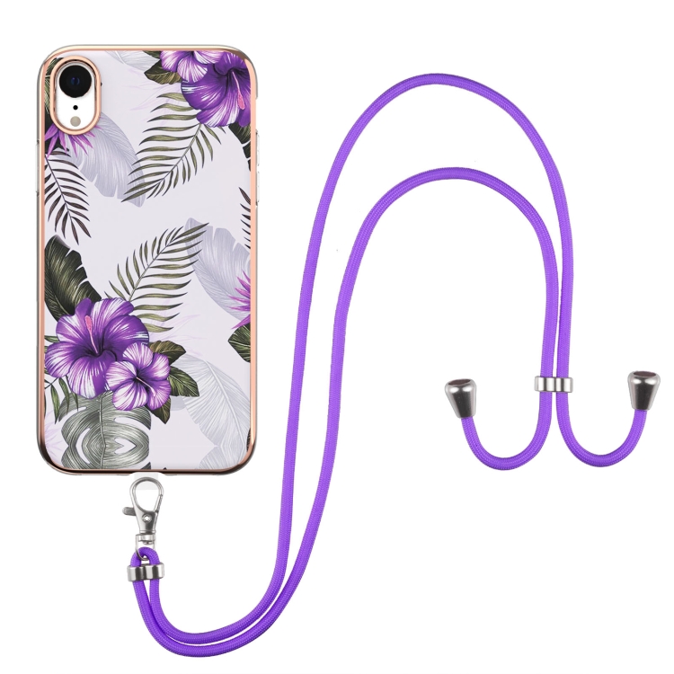 

Electroplating Pattern IMD TPU Shockproof Case with Neck Lanyard For iPhone XR(Purple Flower)