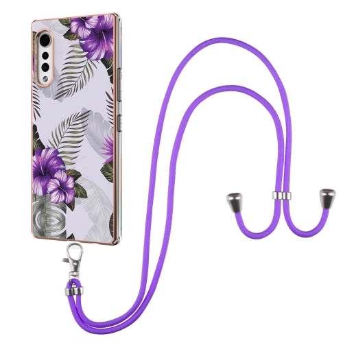 

For LG Velvet 4G / Velvet 5G / G9 Electroplating Pattern IMD TPU Shockproof Case with Neck Lanyard(Purple Flower)